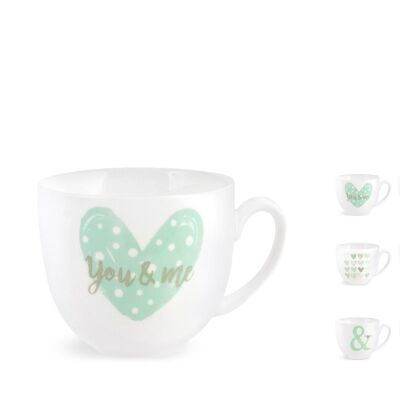 You & me coffee cup in new bone china without plate, decorations and assorted colors in pastel shades 80cc.