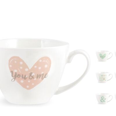 You & me jumbo mug in new bone china without plate, decorations and assorted colors in pastel shades 430cc.