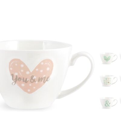 You & Me Jumbo-Becher aus New Bone China ohne Platte, Dekorationen und farblich sortiert in Pastelltönen 430cc.