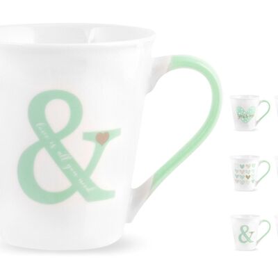 You & me mug in new bone china, assorted decorations and colors in pastel shades 340cc.