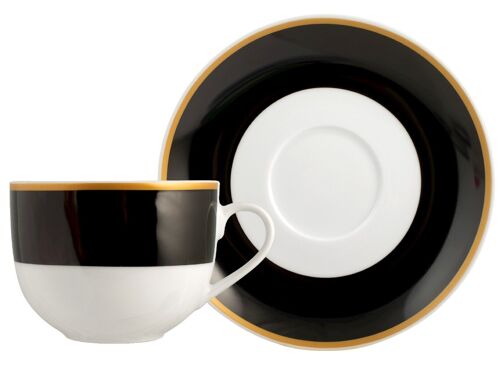 Tazza te con Piatto Onyx in porcellana fascia colore nero e bordino dorato cc 220.