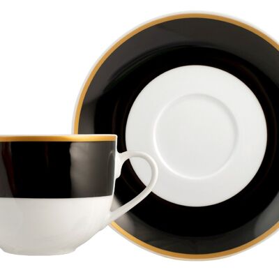 Taza de té con plato Onyx en porcelana con banda negra y borde dorado cc 220.