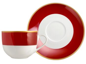 Tasse à thé en porcelaine rubis avec assiette, bande de couleur rouge rubis avec bordure dorée cc 220. 2