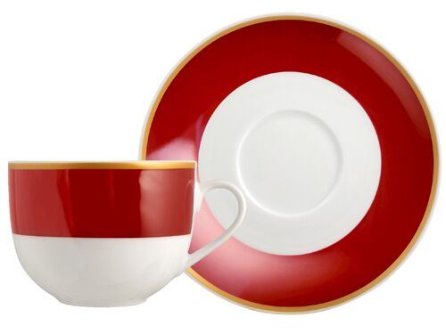 Tazza tè con Piatto Rubino in porcellana fascia colore rosso rubino con bordino dorato cc 220.