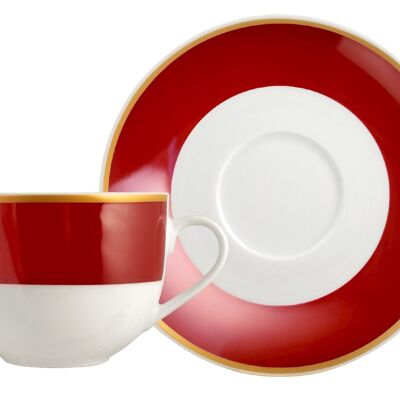 Taza de té con plato de porcelana rubí, banda color rojo rubí con borde dorado cc 220.