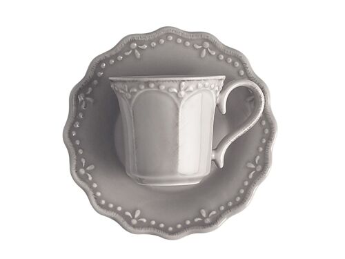 Tazza tè Crowne in stoneware con Piatto grigio cc 180. Composto da: tazza tè cm 11,5x7,5x8,5; Piatto cm 15x2x15