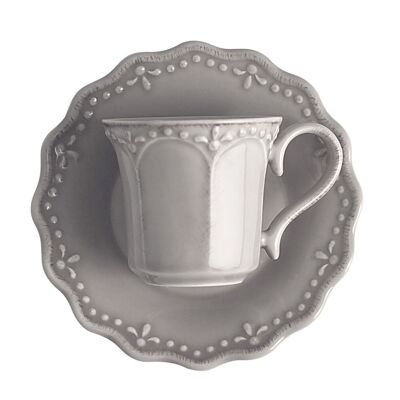 Tazza tè Crowne in stoneware con Piatto grigio cc 180. Composto da: tazza tè cm 11,5x7,5x8,5; Piatto cm 15x2x15