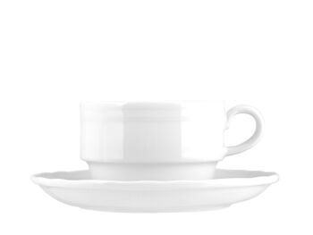 Tasse à thé empilable Alba en porcelaine blanche avec assiette cc 230. Composé de: tasse à thé cm 11x8,5x6 h; Assiette cm 15x2 h 3