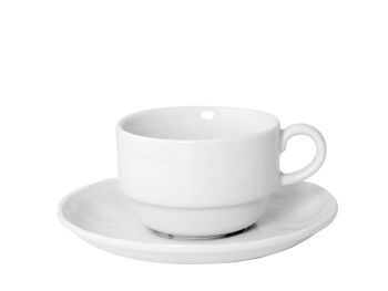 Tasse à thé empilable Alba en porcelaine blanche avec assiette cc 230. Composé de: tasse à thé cm 11x8,5x6 h; Assiette cm 15x2 h 4