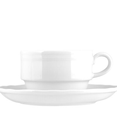 Taza de té apilable Alba de porcelana blanca con plato cc 230. Compuesto por: taza de té cm 11x8,5x6 h; Plato cm 15x2 h