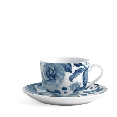 Taza de té Blue Rose con plato de porcelana decorado cc 220.