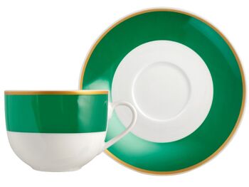 Tasses à thé avec assiette Emeraude en porcelaine avec bande vert émeraude et bordure dorée cc 220. 2