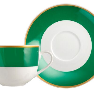 Tazas de té con plato Emerald en porcelana con banda verde esmeralda y borde dorado cc 220.