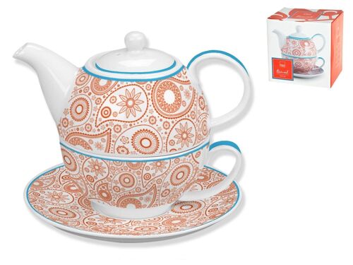 Tea for one Brocart Full Decoration in porcellana. Composto da: tazza tè cc 290 cm 13x11x6 h; teiera impilabile cc 450 cm 16x11x11 h; Piatto cm 15x2 h
