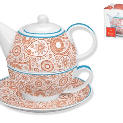 Tea for one Brocart Volldekoration aus Porzellan. Bestehend aus: Teetasse cc 290 cm 13x11x6 h; stapelbare Teekanne cc 450 cm 16x11x11 h; Platte cm 15x2 h