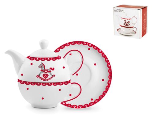 Tea for one Cavallino in porcellana. Composto da: 1 Piattino; 1tazza tè; 1 teiera impilabile