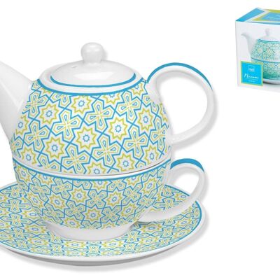 Tea for one Macrame Full Decoration in porcelain. Composed of: tea cup cc 290 cm 13x11x6 h; stackable teapot cc 450 cm 16x11x11 h; Plate cm 15x2 h
