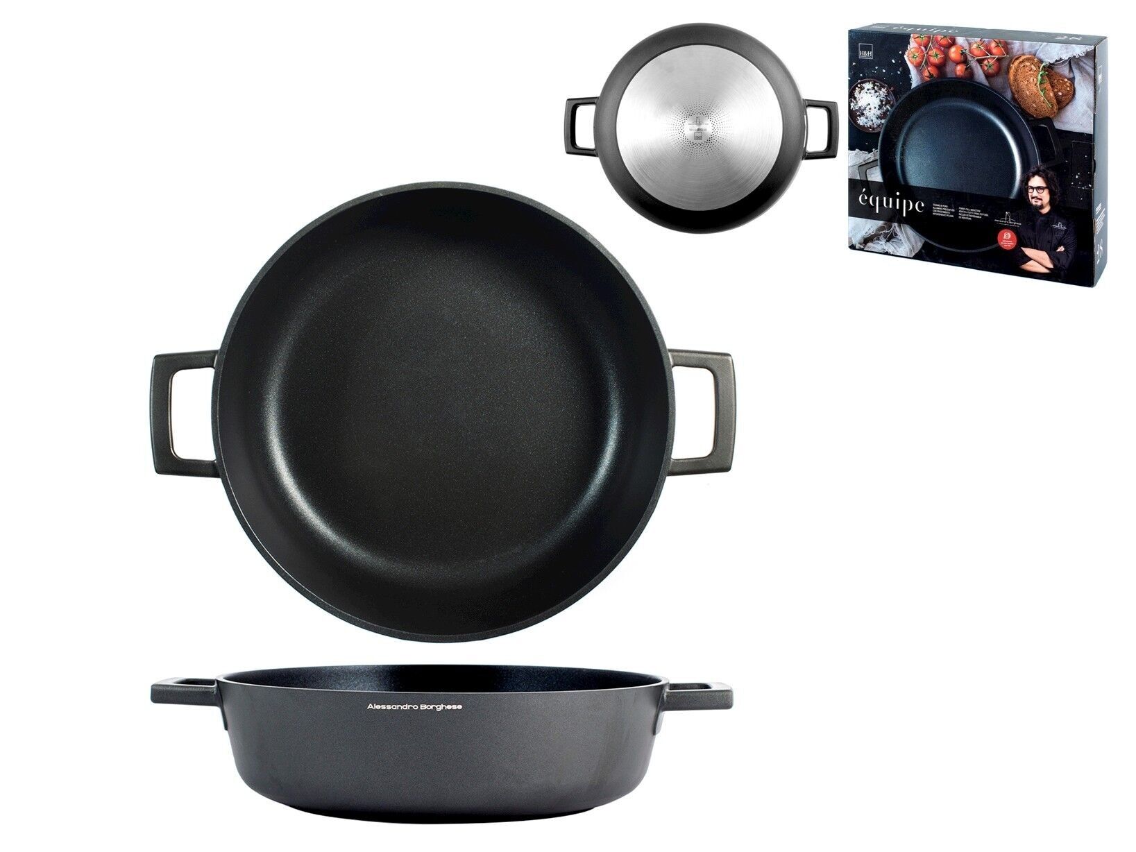 Tegame 2 manici Borghese Equipe in alluminio pressofuso con rivestimento antiaderente Pfluon adatto anche per cottura su piano ad induzione cm 28. Alessandro Borghese - Il Lusso della semplicità