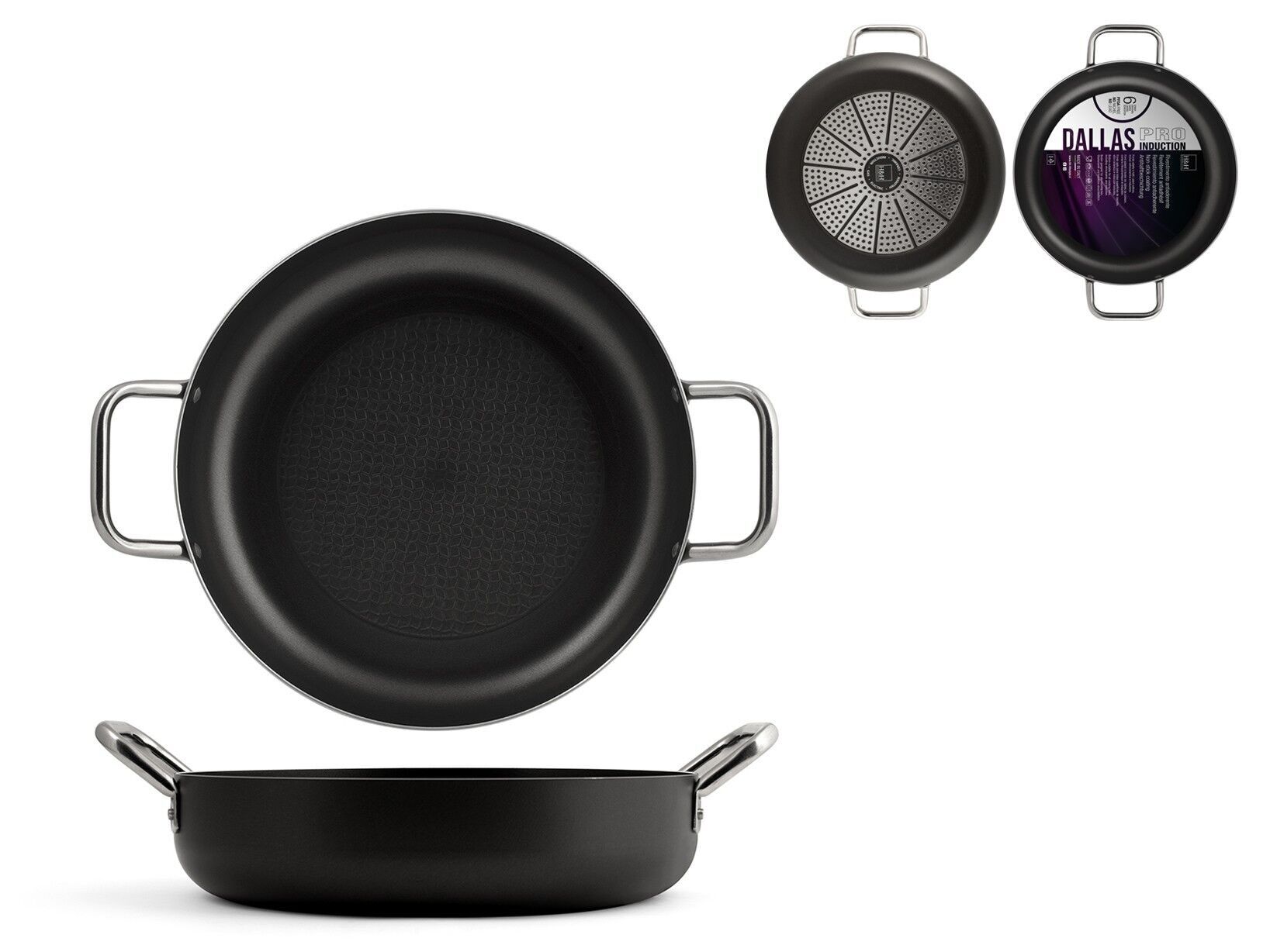 Sartén Dallas Pro 2 asas de aluminio con revestimiento antiadherente. Apto para todas las cocinas incluida la inducción. Mango de acero de color negro de 34 cm de diámetro.