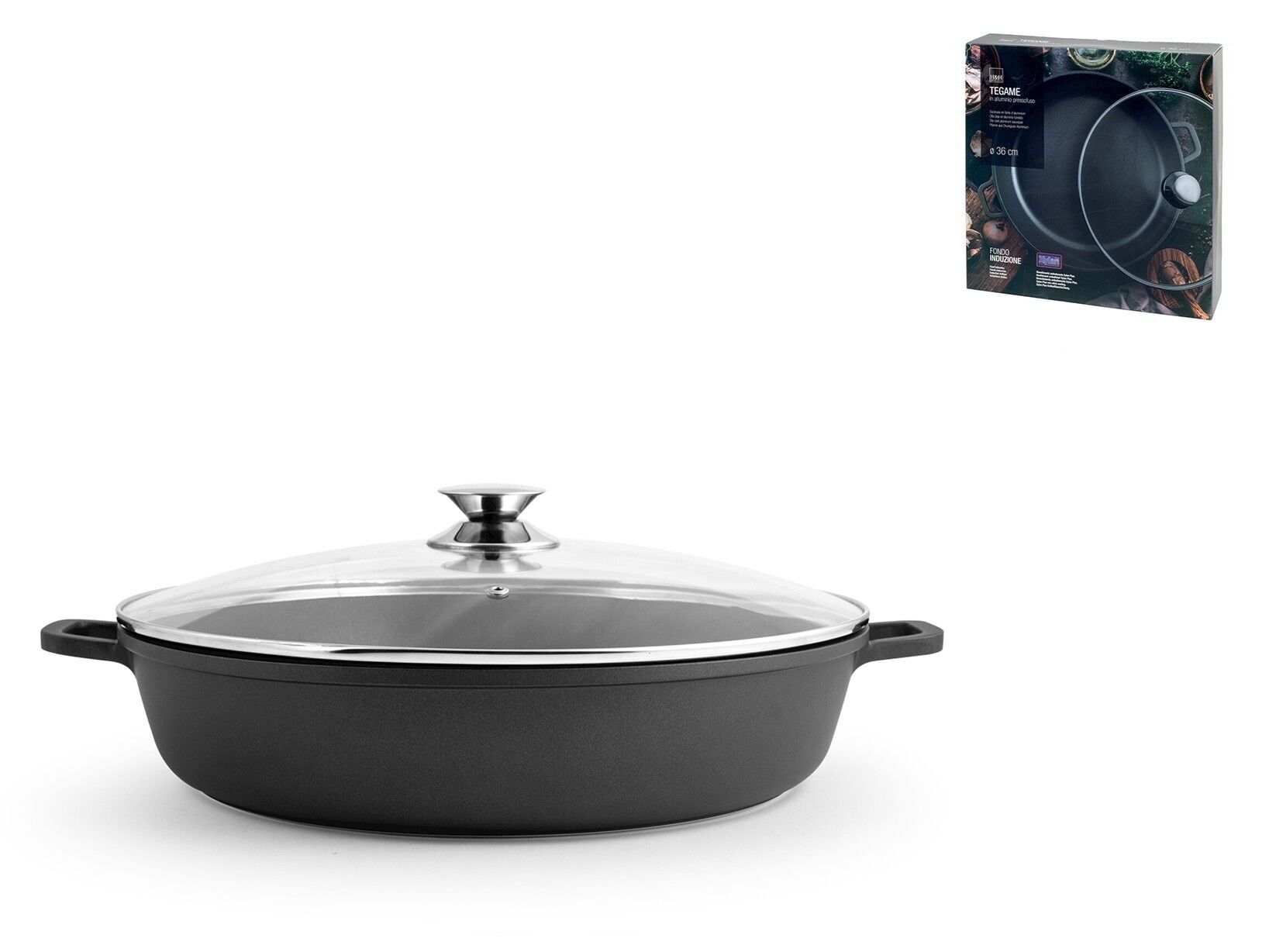 Tegame 2 manici in alluminio pressofuso con rivestimento antiaderente Xylan Plus con coperchio in vetro cm 36. Fondo adatto a tutti i piani cottura, inclusi vetro ceramica e induzione.