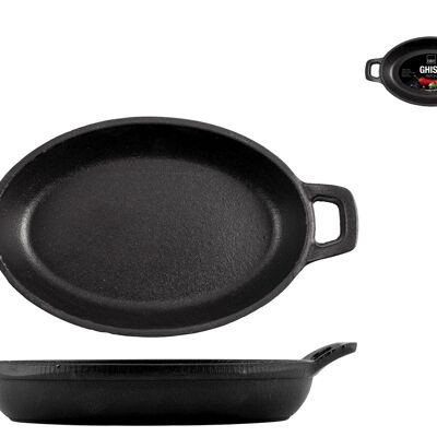 Black oval cast iron pan with 2 handles 12x18 cm