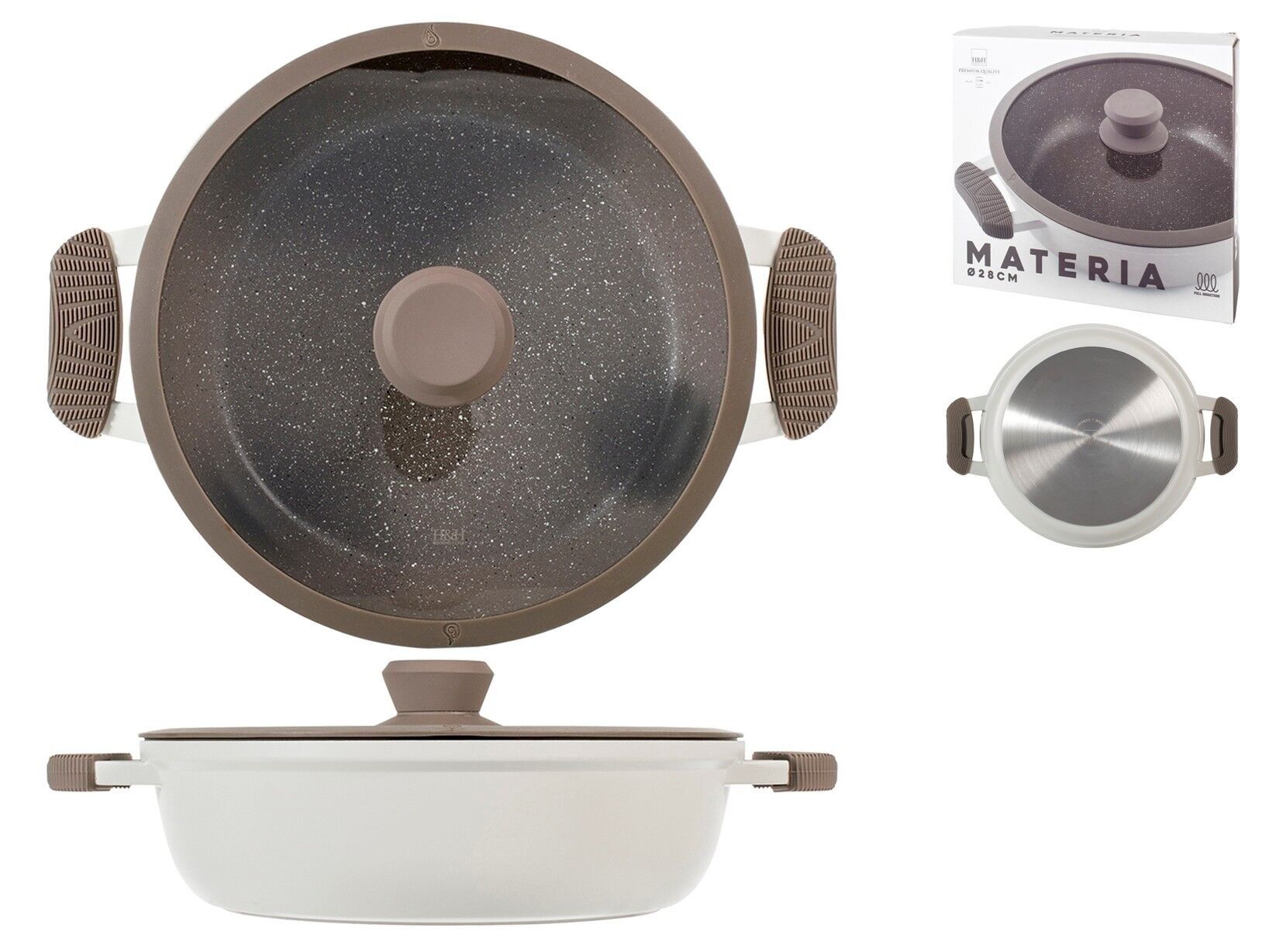 Tegame 2 manici Materia in alluminio pressofuso con rivestimento antiaderente full induction con coperchio in vetro e silicone incluso cm 28