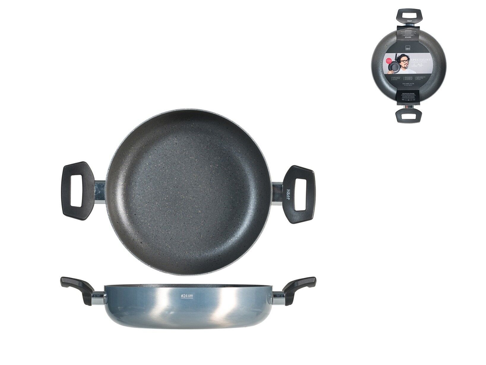 Tegame 2 manici Specialist Borghese in alluminio coniato con rivestimento antiaderente, adatto a tutti i piani cottura compresa l'induzione cm 24. Alessandro Borghese - Il Lusso della semplicità