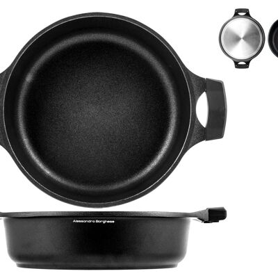 Borghese Essential pan in die-cast aluminum with non-stick coating Shot Blasting Technology also suitable for cooking on a 28 cm induction hob. Alessandro Borghese - The luxury of simplicity