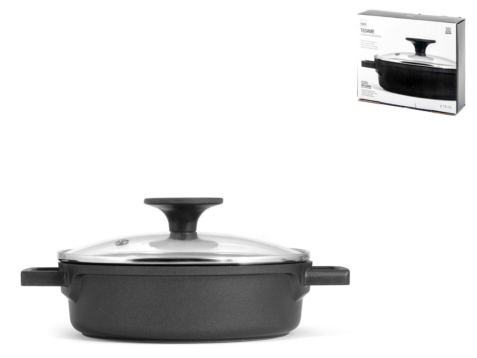 Tegame in alluminio pressofuso con rivestimento antiaderente cm 16. Dotato di coperchio in vetro con pomolo bachilite. Fondo adatto a tutti i piani cottura incluso induzione.