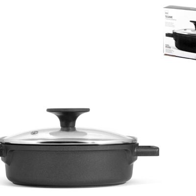 Die-cast aluminum pan with 16 cm non-stick coating. Equipped with glass lid with Bakilite knob. Bottom suitable for all hobs including induction.