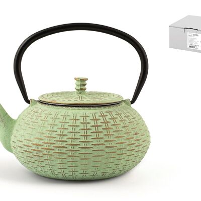 Cast iron teapot with internally enamelled stainless steel filter lt 0.80 light green color.
