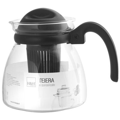 Tetera Termic Tea en vidrio borosilicato con filtro apto para microondas y mango de plástico negro Lt 1,25