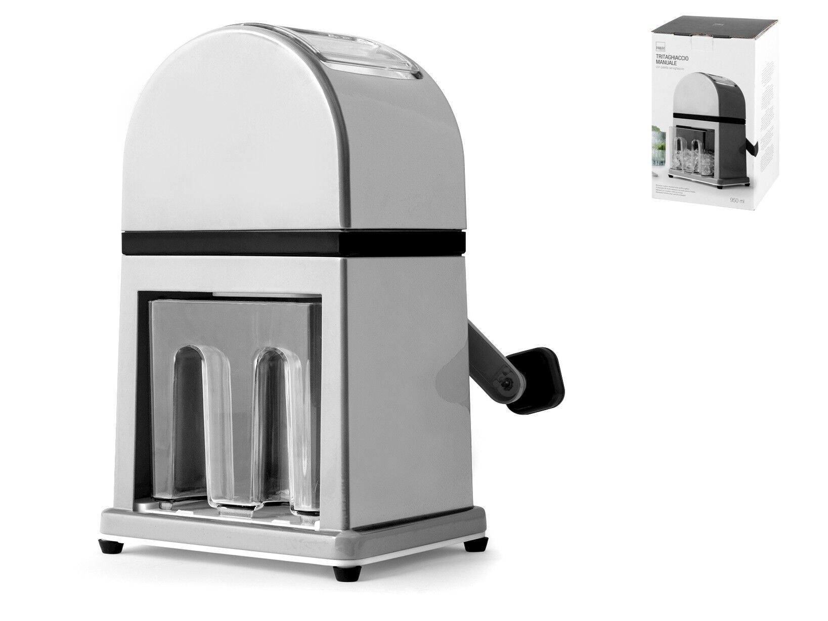 Tritaghiaccio in alluminio colore grigio con paletta servighiaccio cm 14xh27. Tritura finemente i cubetti di ghiaccio per la preparazione di cocktail e bevande fresche