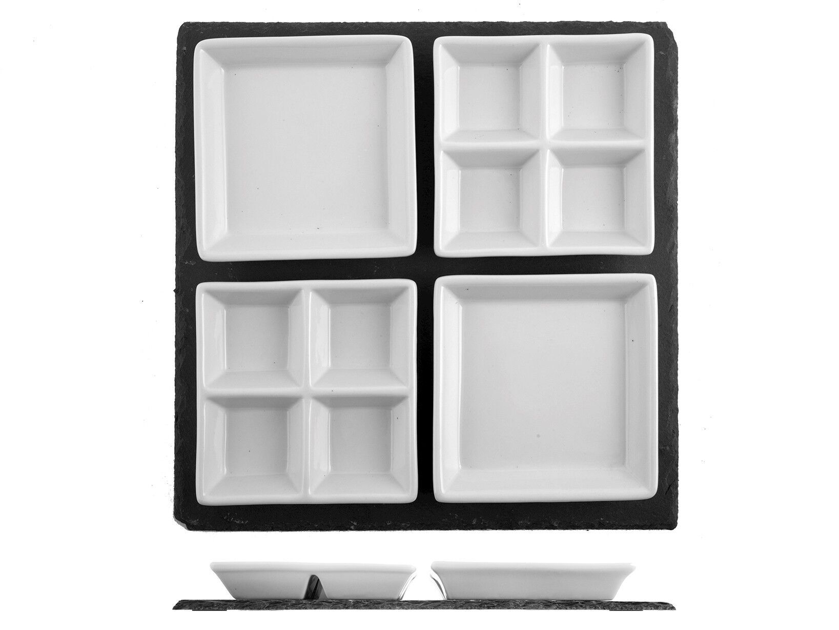 Vassoio quadro in ardesia con 4 coppette quadre in porcellana bianca cm 30x30. Le coppette si possono lavare in lavastoviglie e sono adatte al forno a microonde