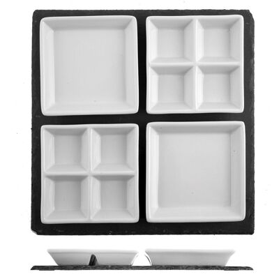 Square slate tray with 4 square cups in white porcelain 30x30 cm. The cups can be washed in the dishwasher and are suitable for the microwave