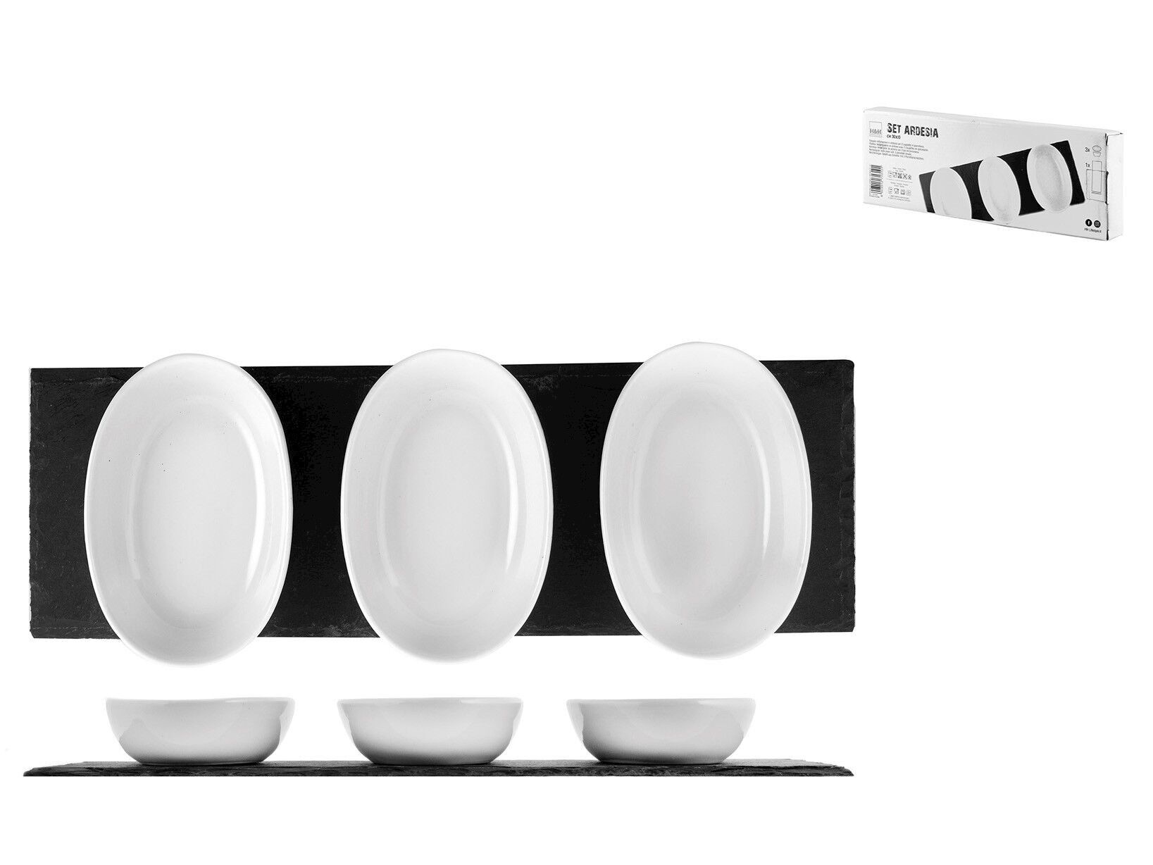 Plateau rectangulaire en ardoise avec 3 tasses en porcelaine ovale blanche 30x10 cm. Les tasses peuvent être lavées au lave-vaisselle et conviennent au micro-ondes