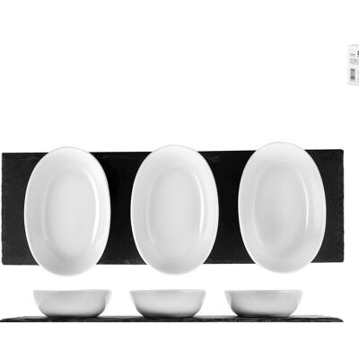Vassoio rettangolare in ardesia con 3 coppette in porcellana ovale bianca cm 30x10. Le coppette si possono lavare in lavastoviglie e sono adatte al forno a microonde
