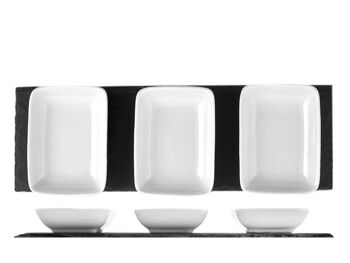 Plateau rectangulaire en ardoise avec bols carrés en porcelaine 30x10 cm. Les tasses peuvent être lavées au lave-vaisselle et conviennent au micro-ondes 7