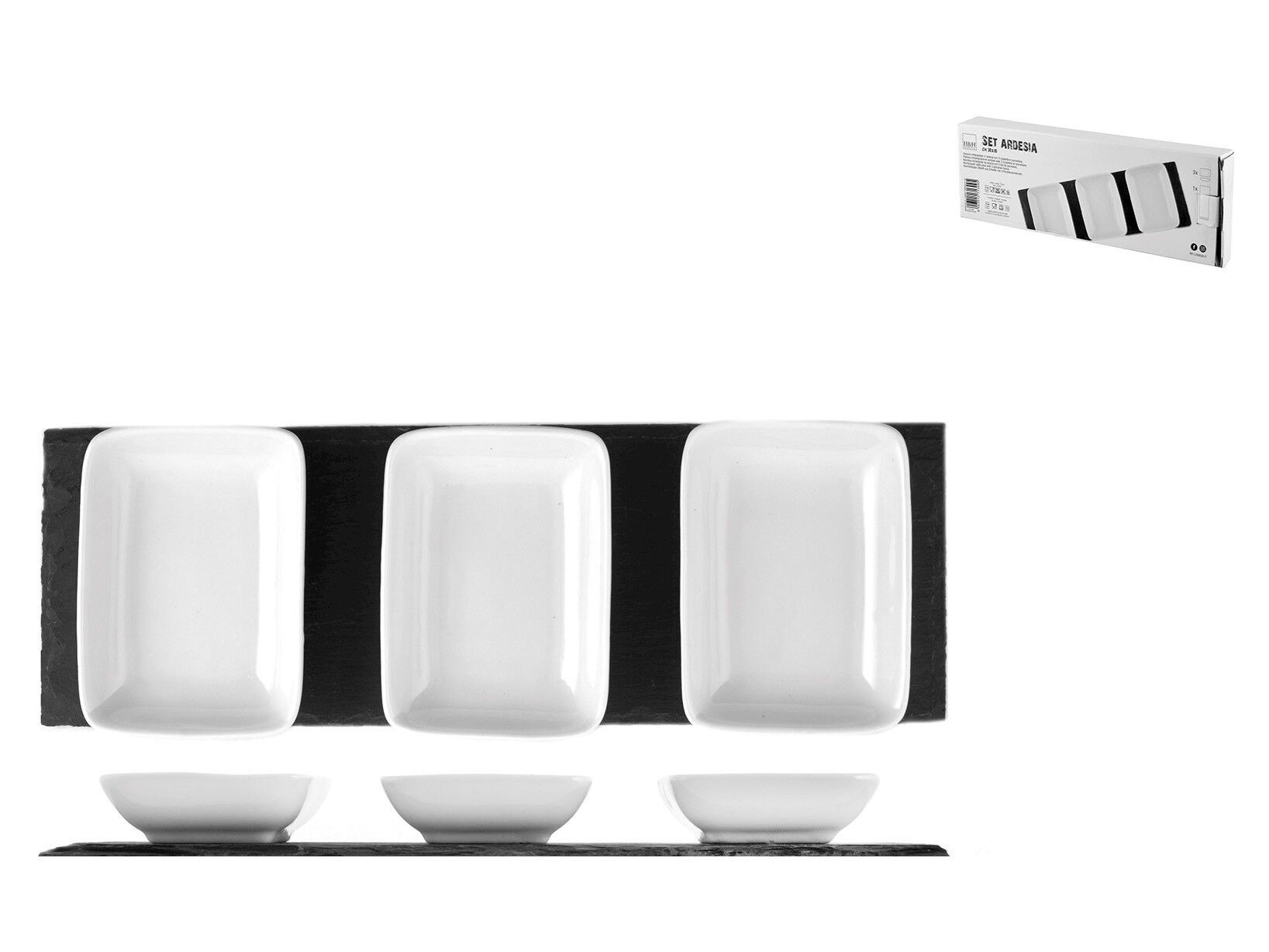 Plateau rectangulaire en ardoise avec bols carrés en porcelaine 30x10 cm. Les tasses peuvent être lavées au lave-vaisselle et conviennent au micro-ondes