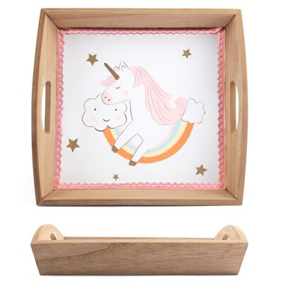Unicorn tray in decorated wood 31x28.5 cm