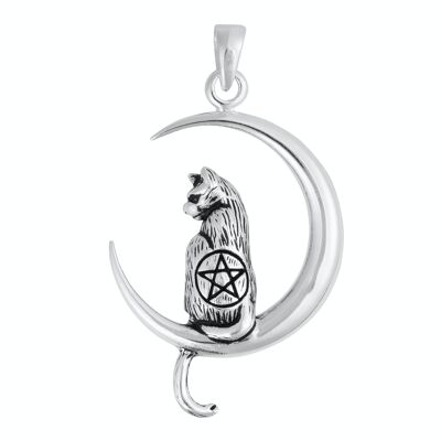 Superbe pendentif chat pentagramme sur la lune