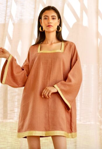 Cleopatra Terracotta Gold Short Linen Dress 2