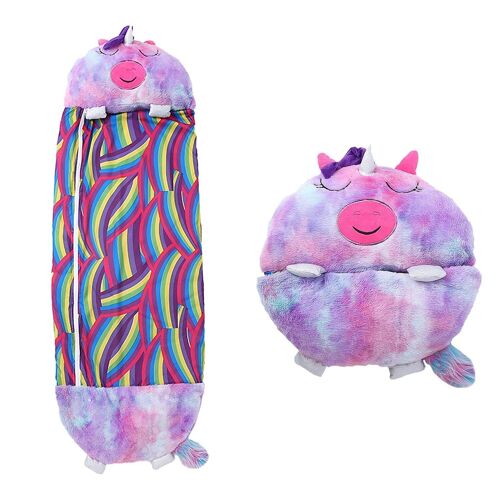 Saco de dormir convertible en almohada, para niños, Unicornio Multicolor Violeta. Tacto peluche. Pequeño / S: 135x50cm.