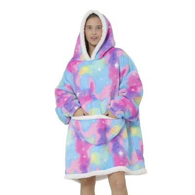 Sweatshirt-style robe and extra-soft fleece blanket. Front kangaroo pocket. psychedelic design