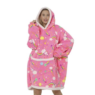 Sweatshirt-style robe and extra-soft fleece blanket. Front kangaroo pocket. Rainbow and Unicorns Design