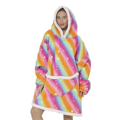 Sweatshirt-style robe and extra-soft fleece blanket. Front kangaroo pocket. rainbow design