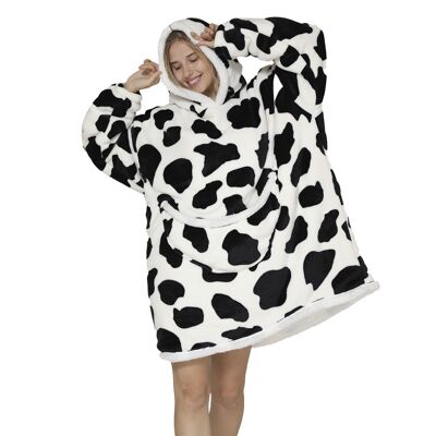 Sweatshirt-style robe and extra-soft fleece blanket. Front kangaroo pocket. cow design