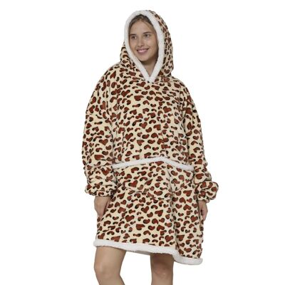 Sweatshirt-style robe and extra-soft fleece blanket. Front kangaroo pocket. leopard design