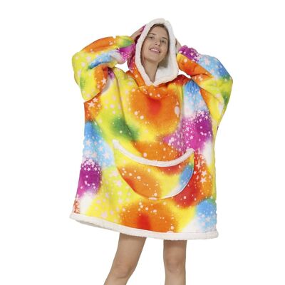 Sweatshirt-style robe and extra-soft fleece blanket. Front kangaroo pocket. colorful design