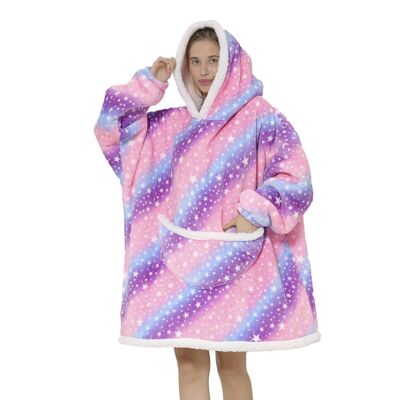 Sweatshirt-style robe and extra-soft fleece blanket. Front kangaroo pocket. Stars and Polka Dots Design